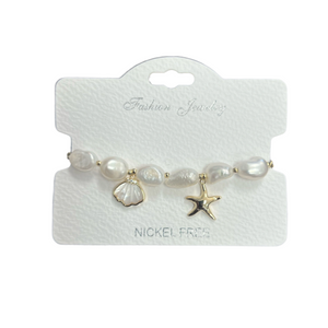 "Shell and starfish" Freshwater Pearl C.Z Crystal Adjustable Bracelet