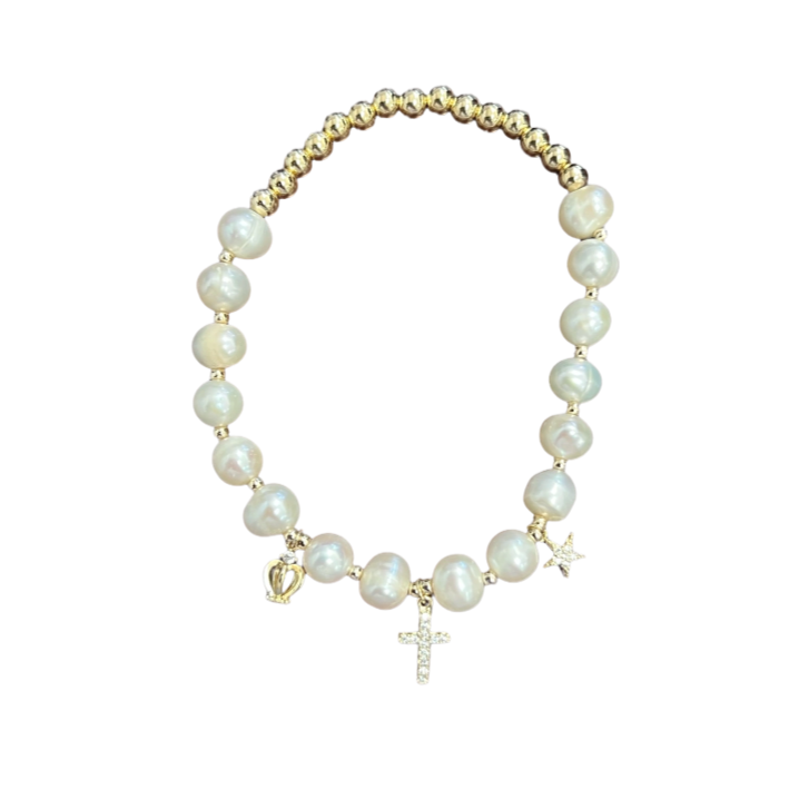 "Cross and Star" Freshwater Pearl C.Z adjustable Crystal Bracelet