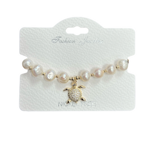 "Turtle" Freshwater Pearl C.Z Crystal Adjustable Bracelet
