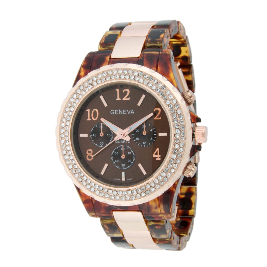ROUND FACE WITH DOUBLE CRYSTAL STONE AROUND THE DIAL, FASHION PLASTIC BAND WATCH