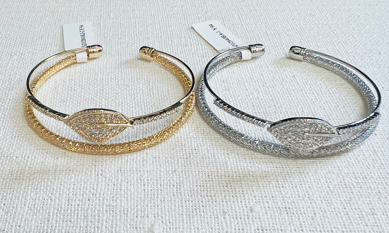 Leaf Design C.Z Rhodium Plated Cuff bracelet