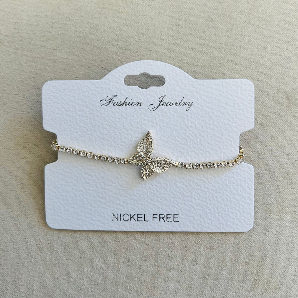 "butterfly" C.Z Rhodium Plated Crystal adjustable Bracelet