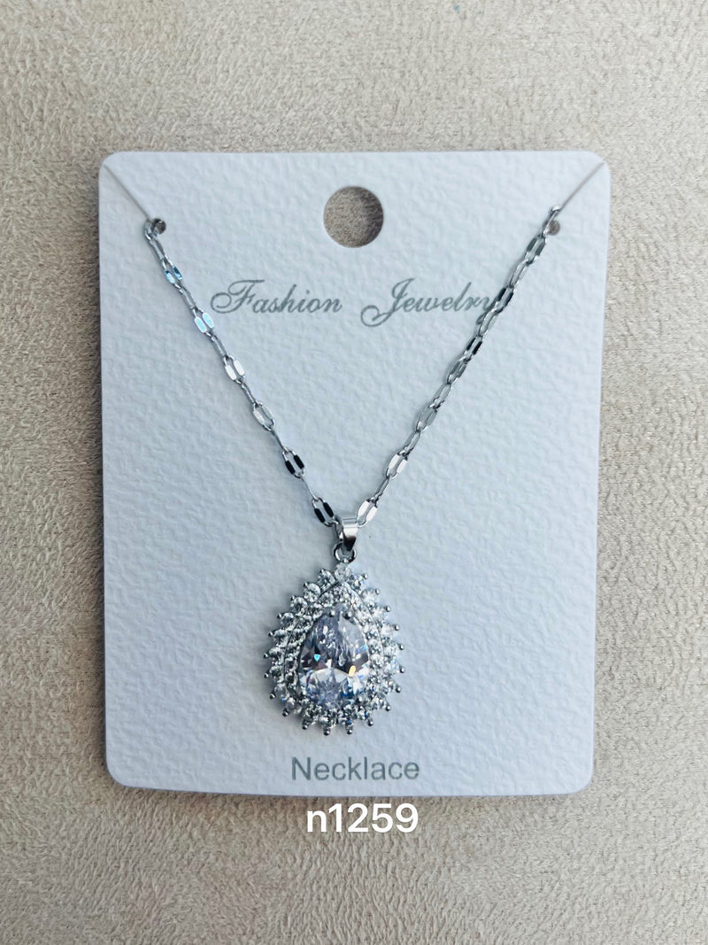 Gold Teardrop Pendant C.Z Rhodium Plated Necklace