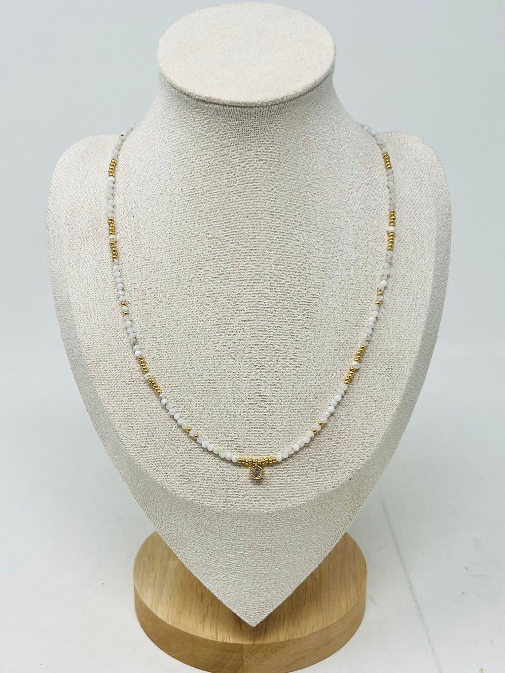 Semi-Precious Stone Necklace with Gold Miyuki Beads & Round Charm(White)
