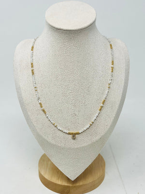 Semi-Precious Stone Necklace with Gold Miyuki Beads & Round Charm(White)