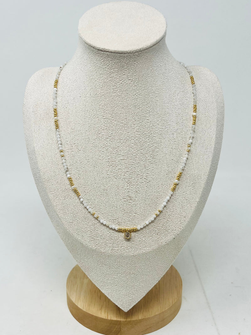 Semi-Precious Stone Necklace with Gold Miyuki Beads & Round Charm(White)