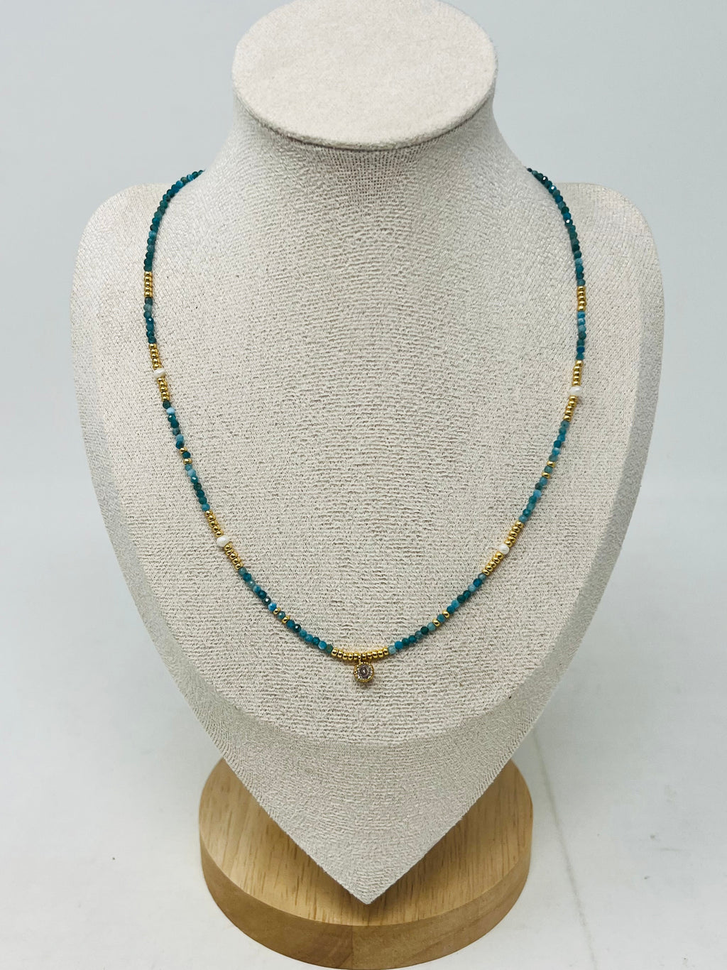 Semi-Precious Stone Necklace with Gold Miyuki Beads & Round Charm(Light blue )