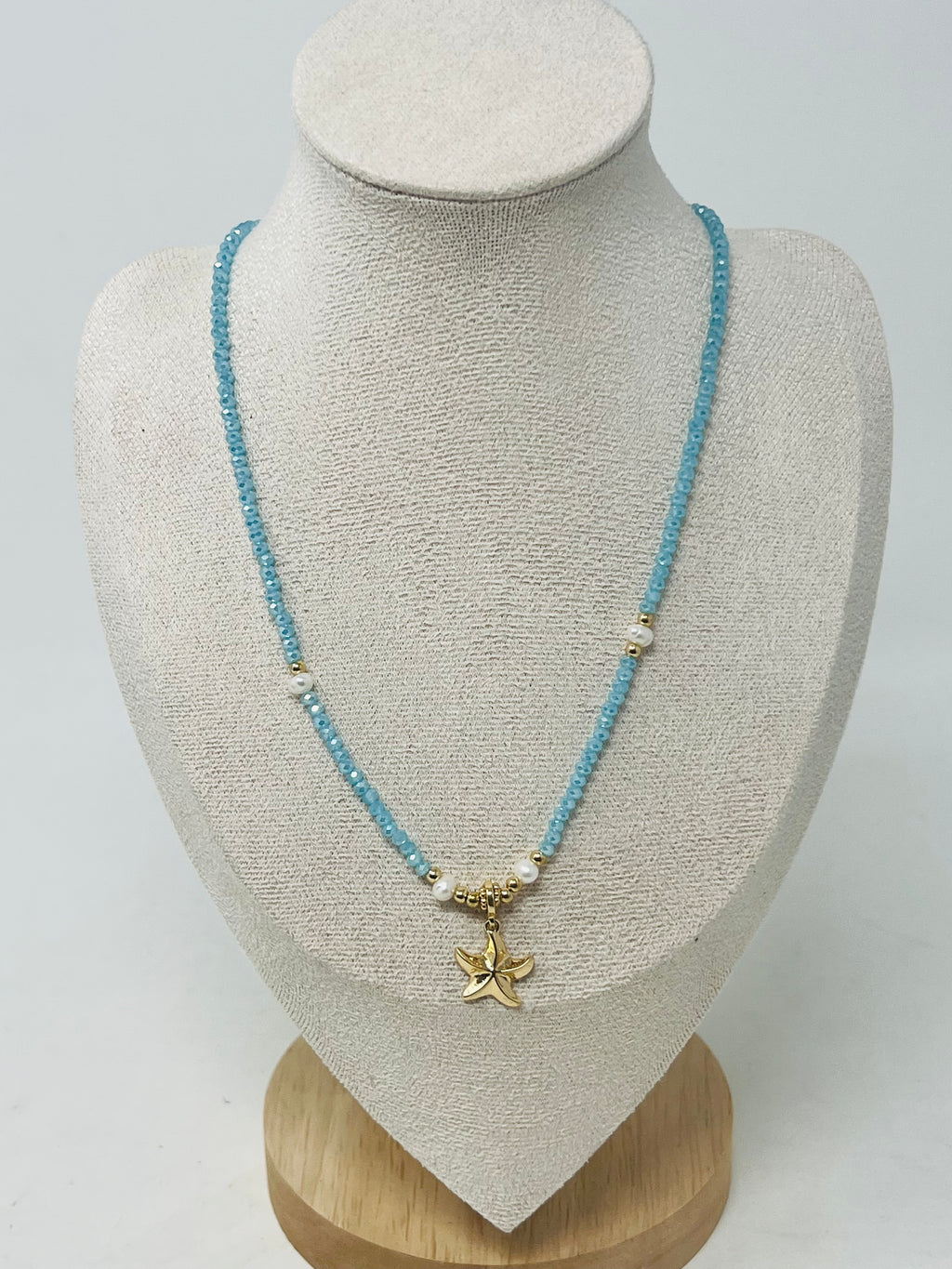 Beaded Necklace with Pearls & Gold Starfish Pendant（aqua）