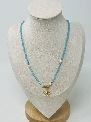 Beaded Necklace with Pearls & Gold Starfish Pendant（aqua）