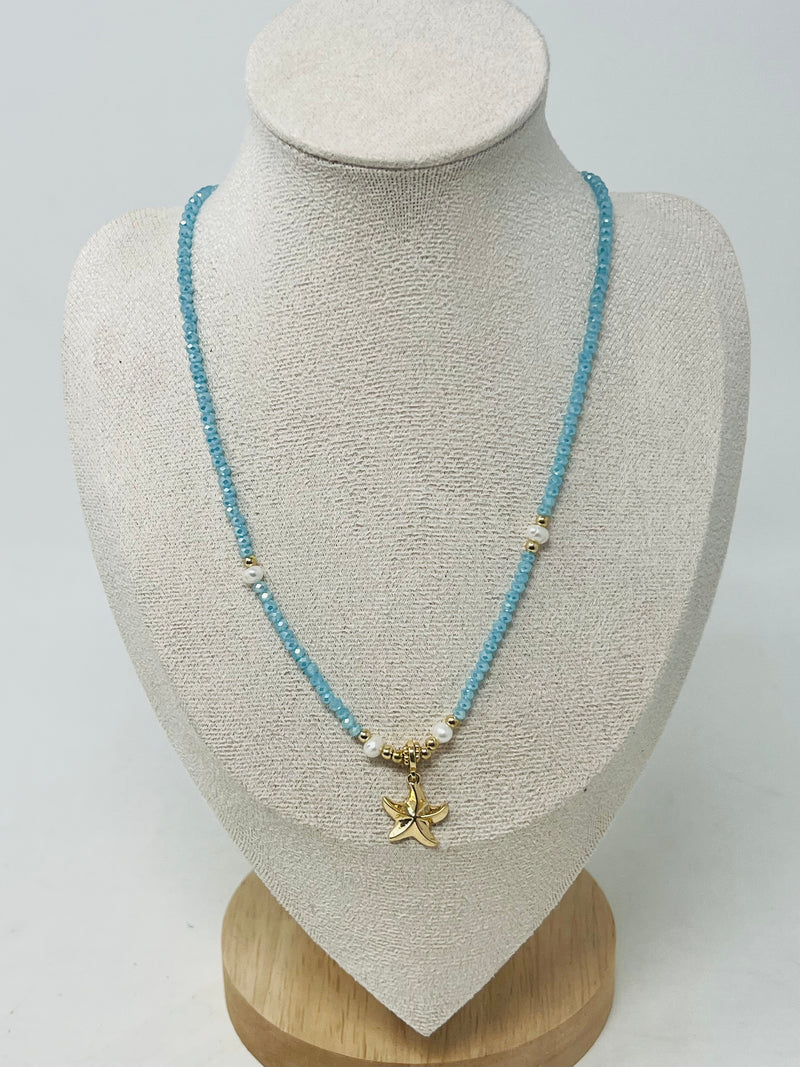 Beaded Necklace with Pearls & Gold Starfish Pendant（aqua）