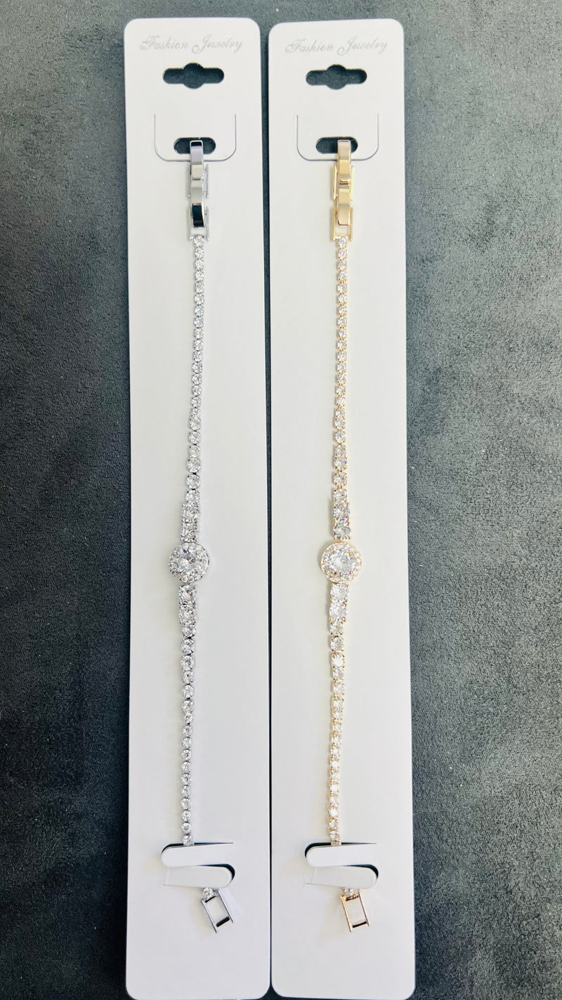 Round Center C.Z Crystal Tennis Bracelets-Adjustable Chain
