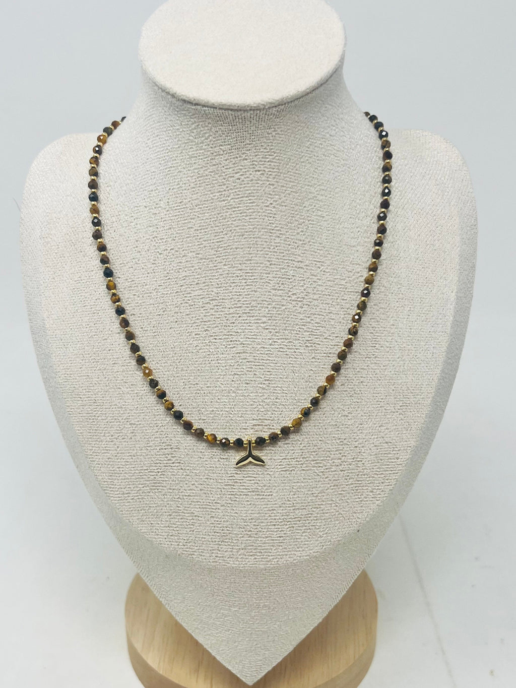 Semi-precious stone Beaded Necklace with Whale Tail Pendant(Yellow tiger eye)