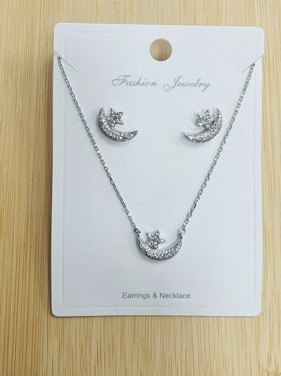 "moon and star" C.Z Rhodium Plated Crystal Earring and necklace sets