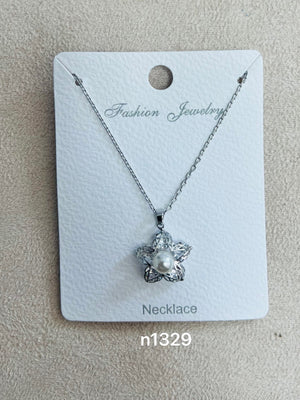 Pearl Flower Star Pendant C.Z Rhodium Plated Necklace