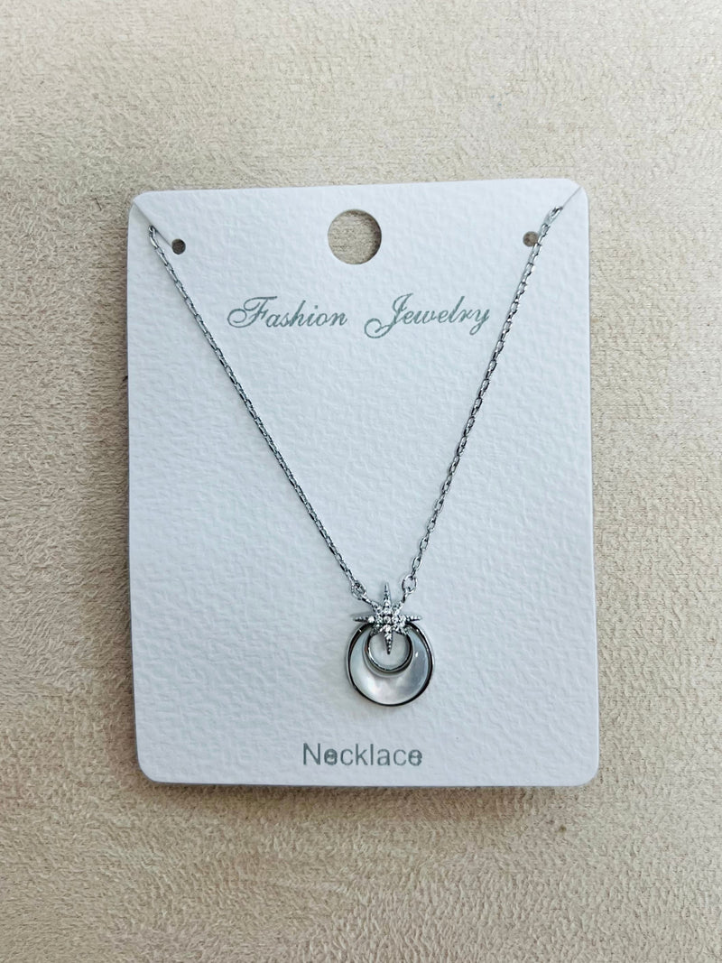 Circle with Sparkling Accents C.Z Rhodium Plated Necklace