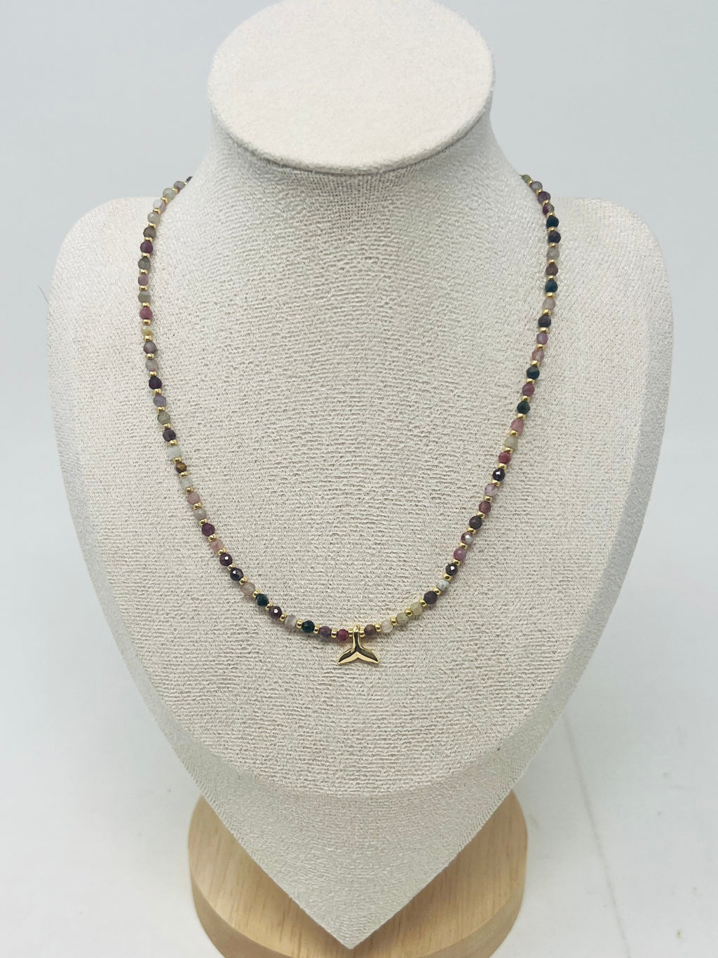 Semi-precious stone Beaded Necklace with Whale Tail Pendant(Tourmaline)