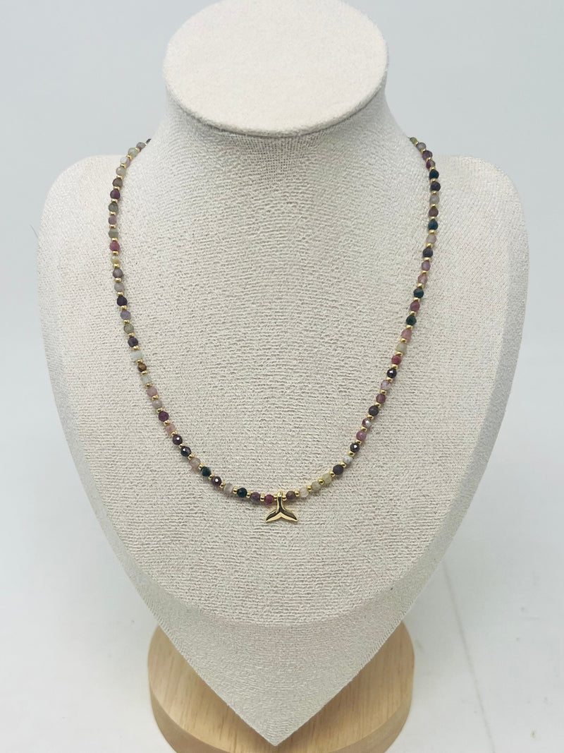 Semi-precious stone Beaded Necklace with Whale Tail Pendant(Tourmaline)