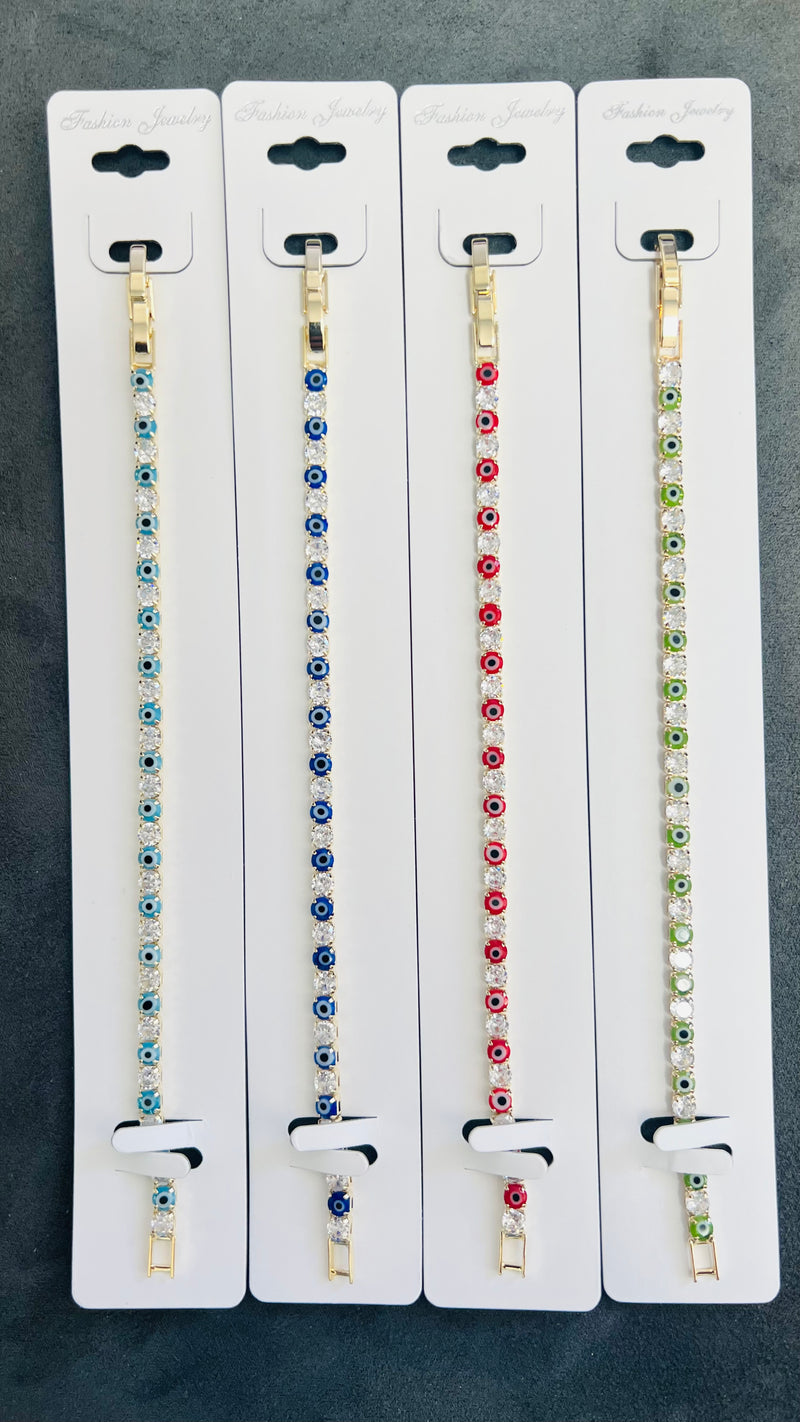 Colorful Evil Eye C.Z Crystal Tennis Bracelets-Adjustable Chain