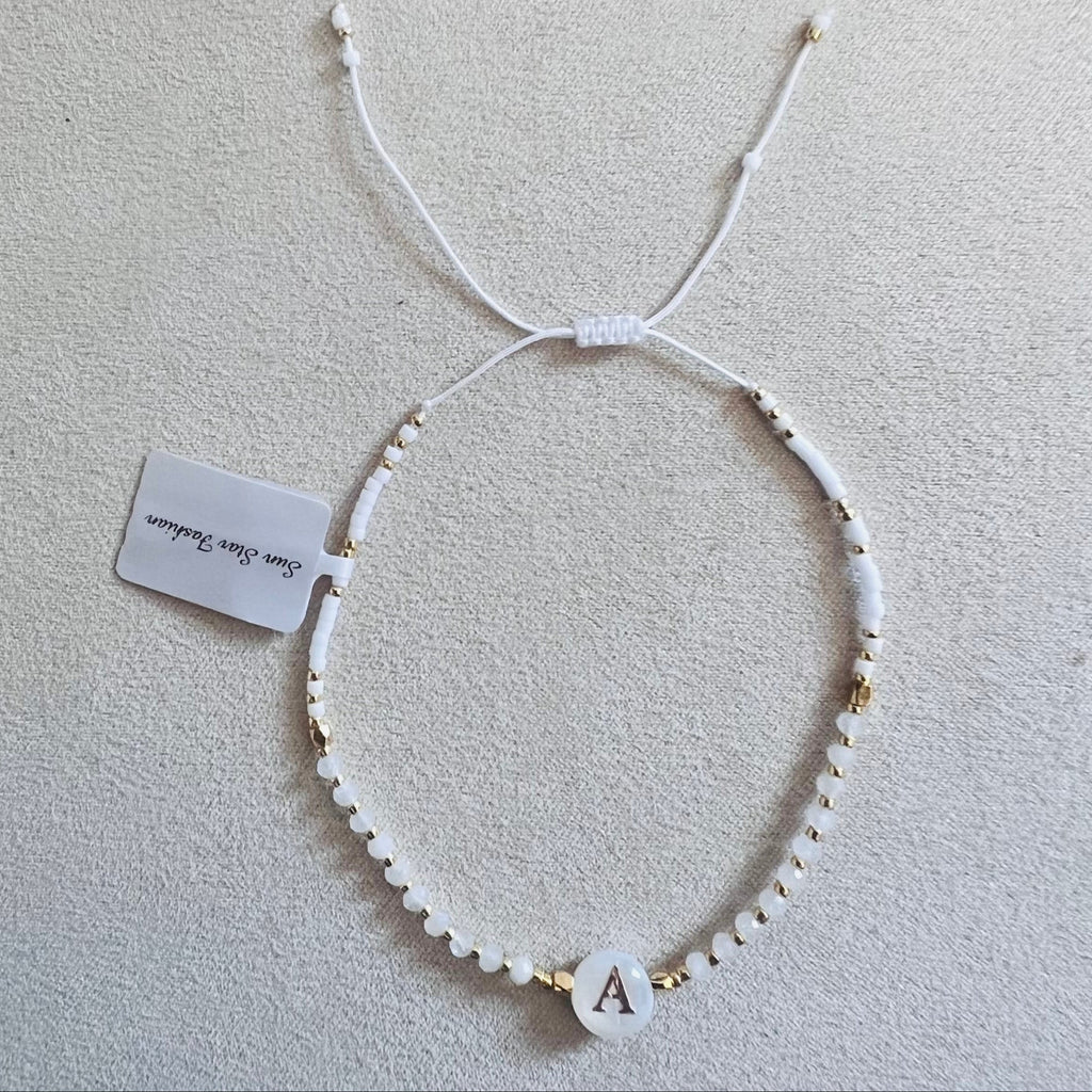 Initial Bracelet (A–Z) Semi-precious stones with Miyuki beads Adjustable cord (white moonstone)