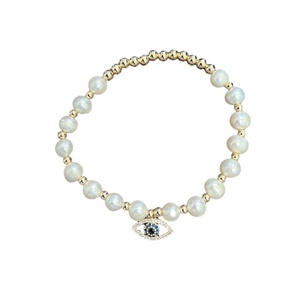 "Evil eye" Freshwater Pearl C.Z Adjustable Crystal Bracelet