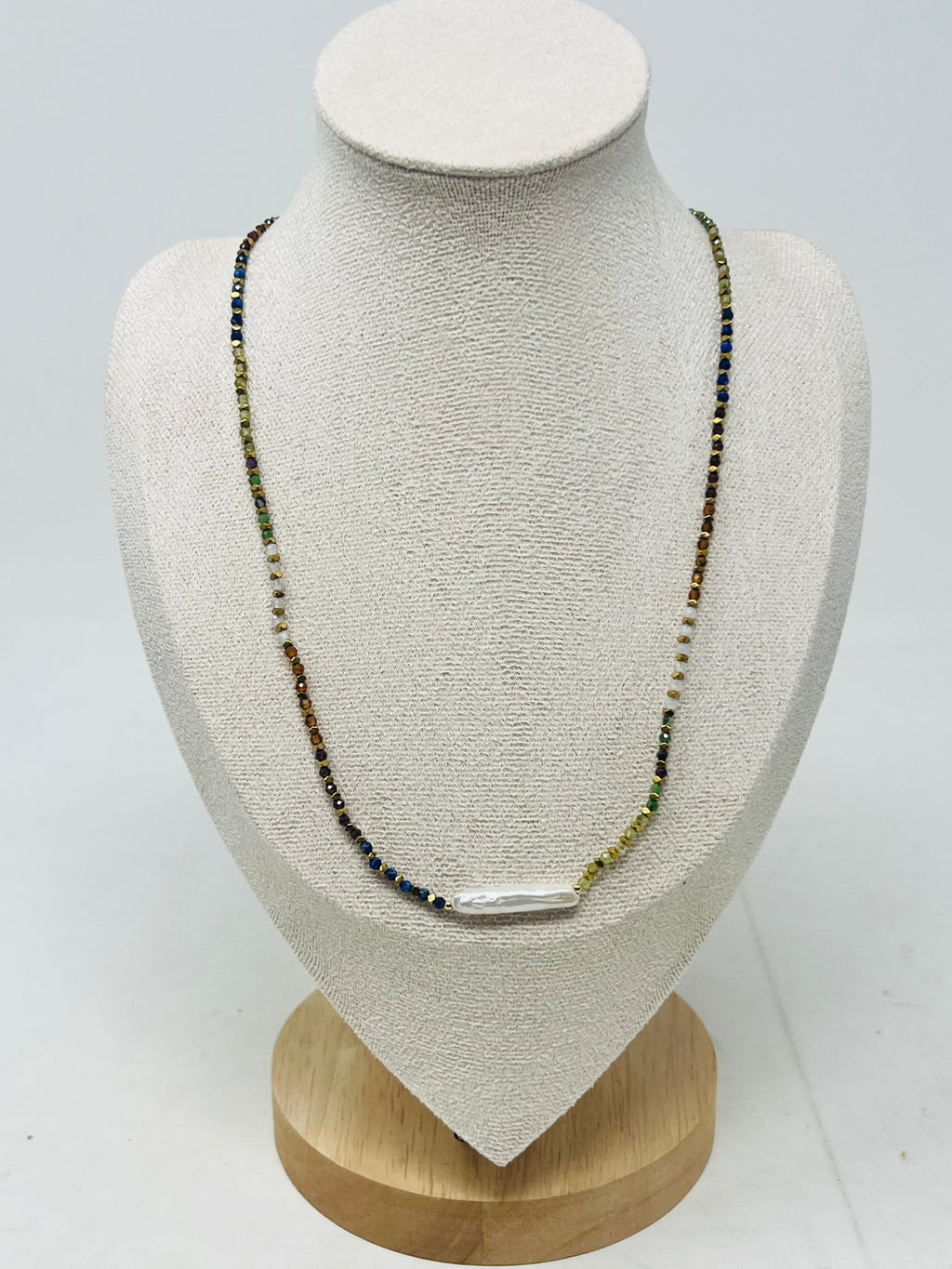 Colorful Semi-Precious Bead Necklace with Pearl Bar Pendant(multi-color)