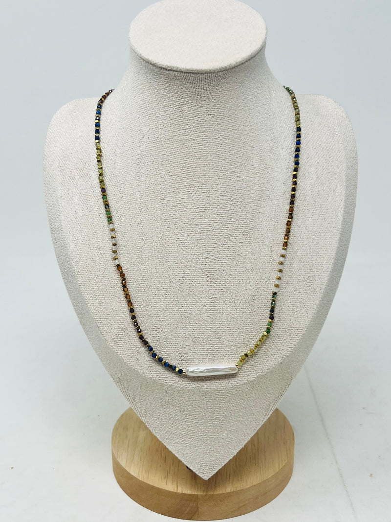 Colorful Semi-Precious Bead Necklace with Pearl Bar Pendant(multi-color)