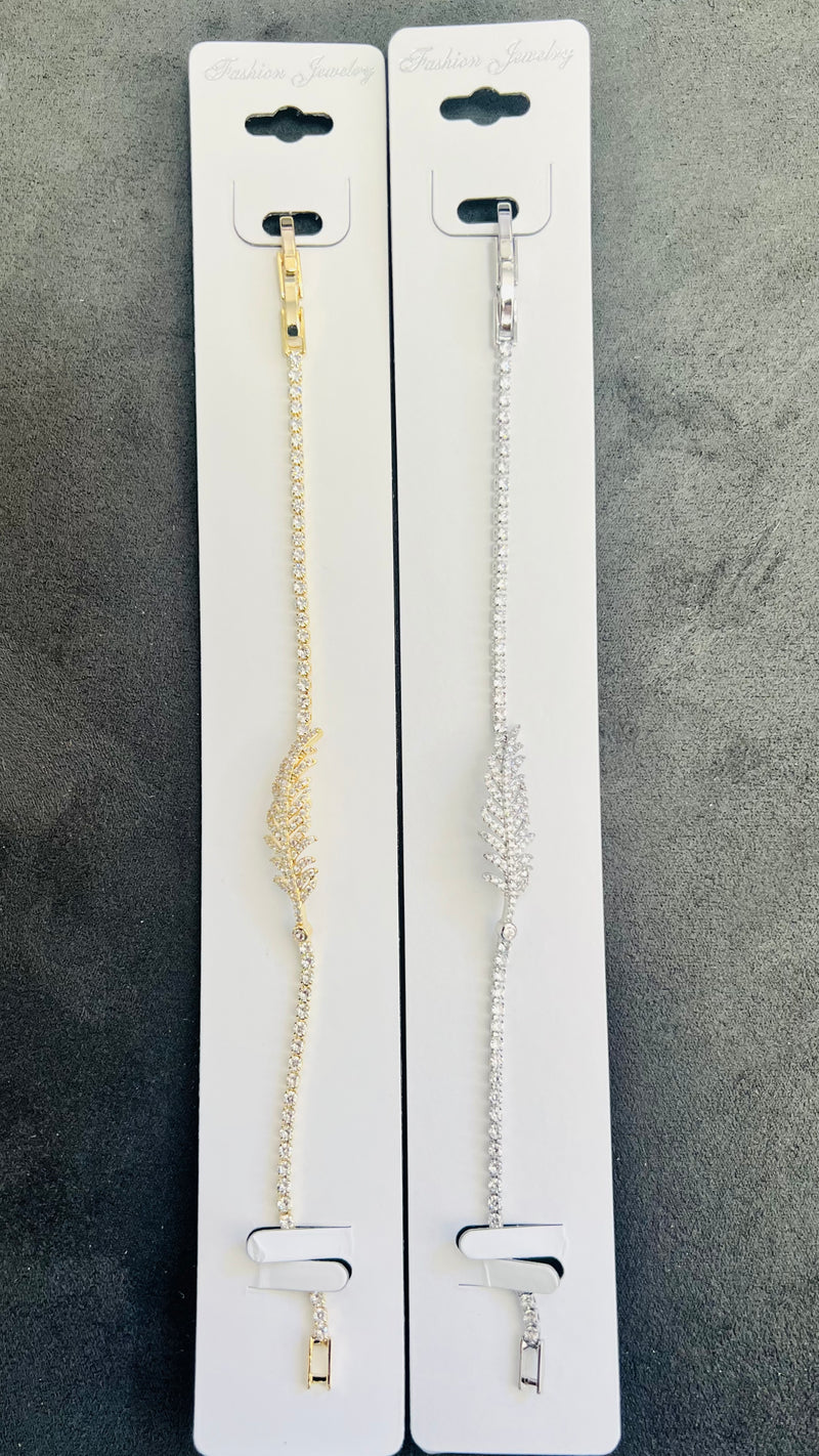 Leaf Design C.Z Crystal Tennis Bracelets-Adjustable Chain