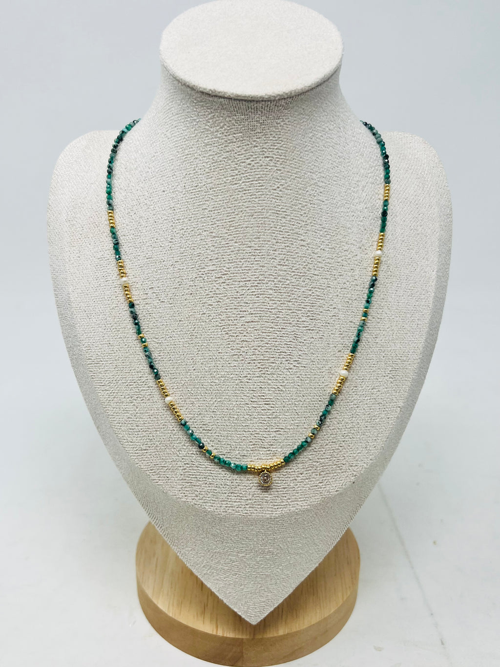 Semi-Precious Stone Necklace with Miyuki Beads & Round Charm(Emerald Green)