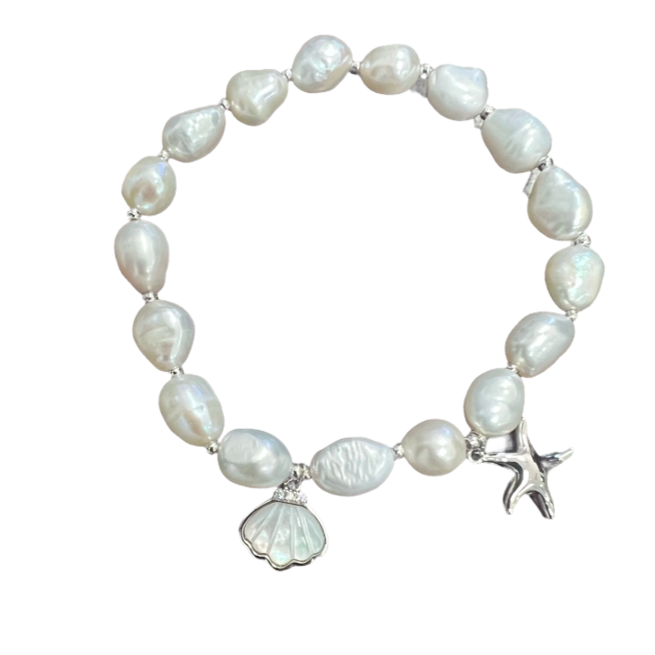 "Shell and starfish" Freshwater Pearl C.Z Crystal Adjustable Bracelet