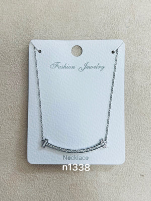 Curved Bar Pendant C.Z Rhodium Plated Pendant Necklace