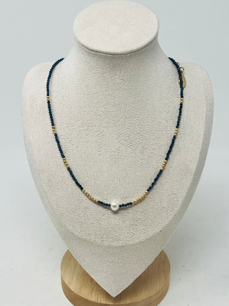 Semi-precious Stone with Miyuki beads & Single Pearl(Navy)