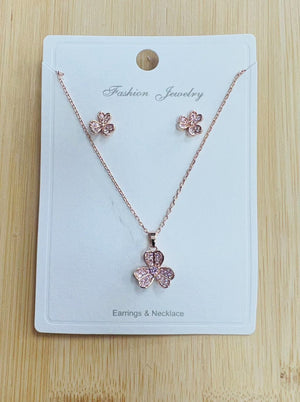 "Flower" C.Z Rhodium Plated Crystal Earring and necklace sets