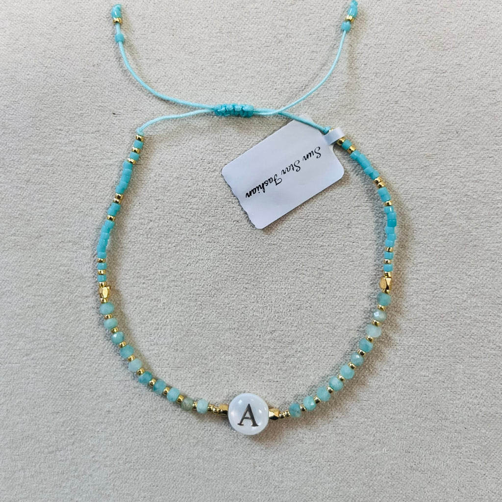 Initial Bracelet (A–Z) Semi-precious stones with Miyuki beads Adjustable cord (amazonite)