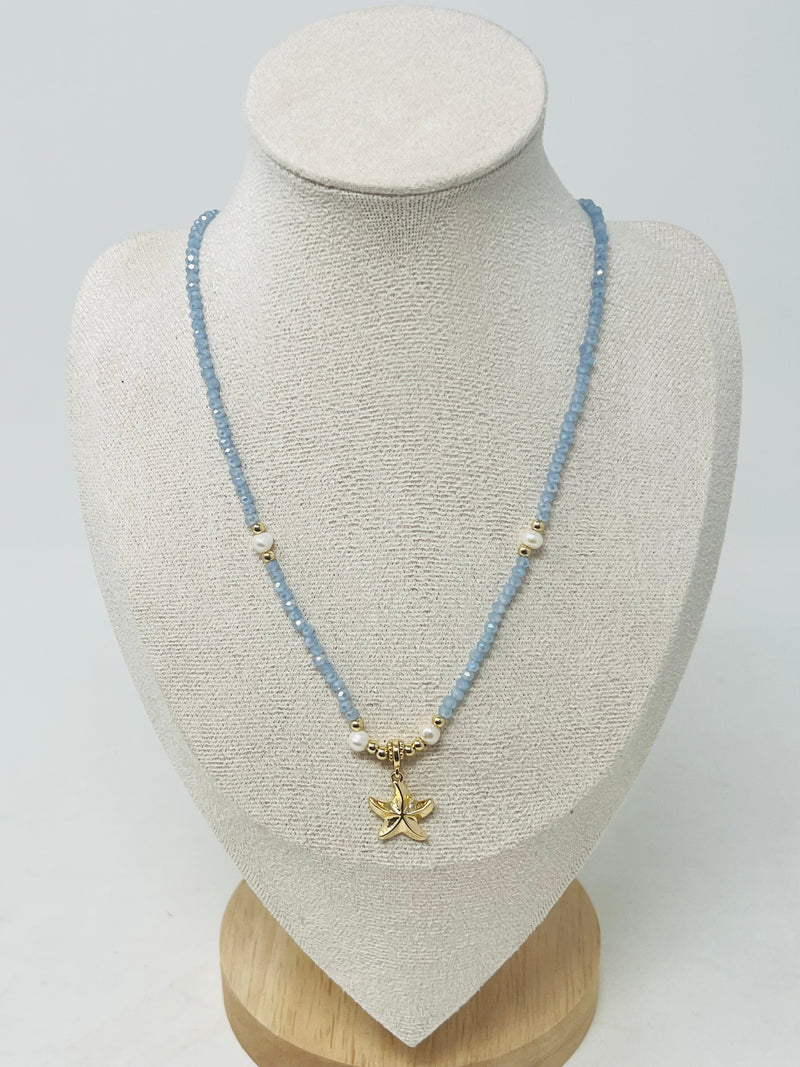 Beaded Necklace with Pearls & Gold Starfish Pendant(light blue)