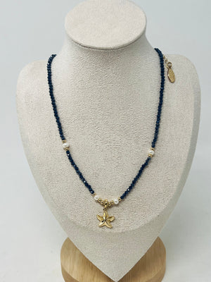 Beaded Necklace with Pearls & Gold Starfish Pendant(navy）