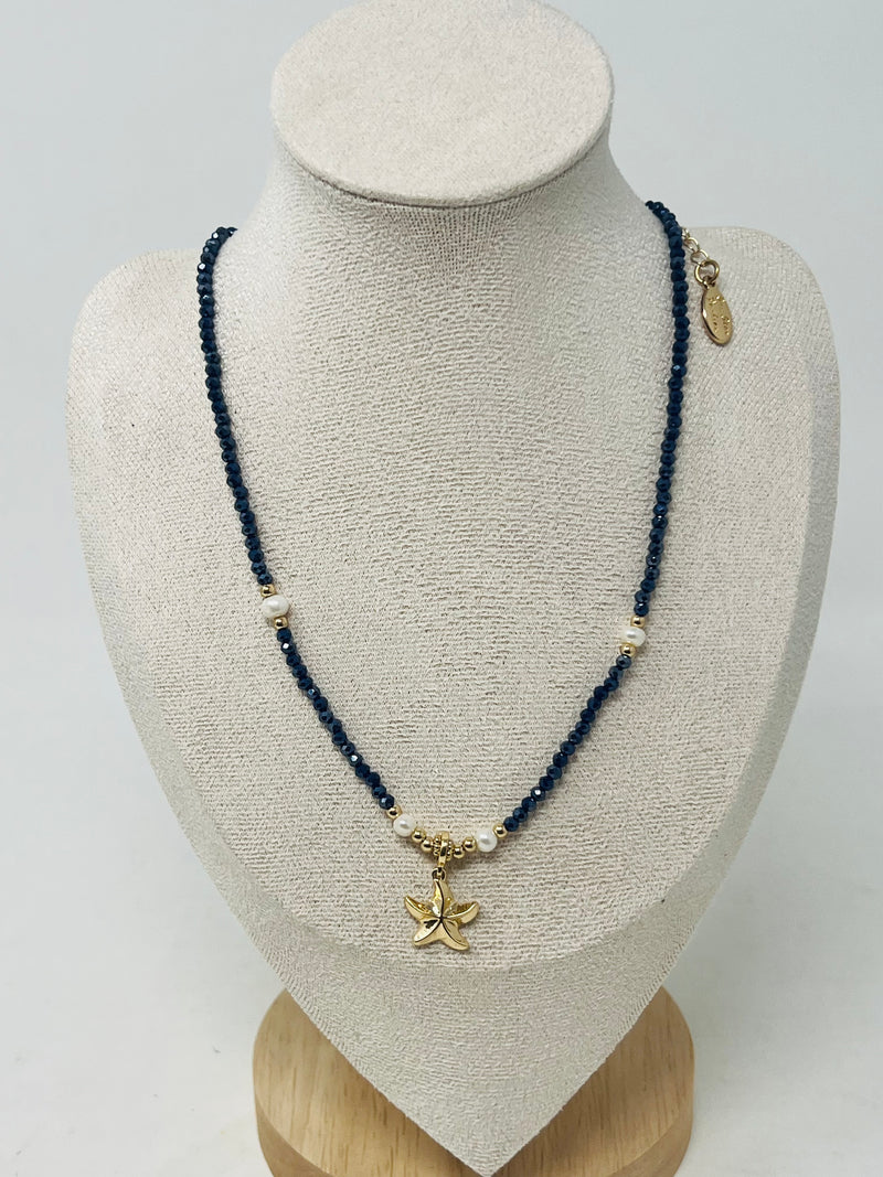Beaded Necklace with Pearls & Gold Starfish Pendant(navy）