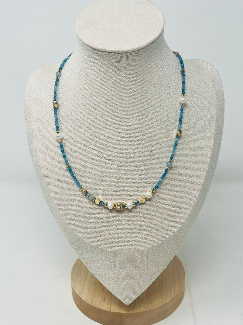 Miyuki Beads, Semi-Precious Stone & Pearl Beaded Necklace(aqua blue)