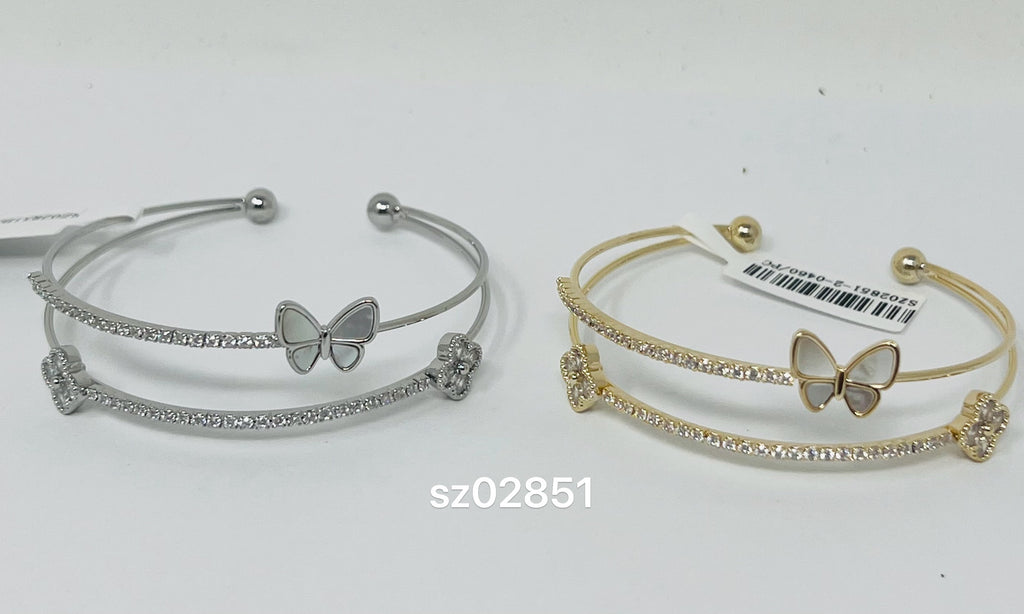 Mother of Pearl Butterfly & Flower C.Z Rhodium Plated Cuff bracelet