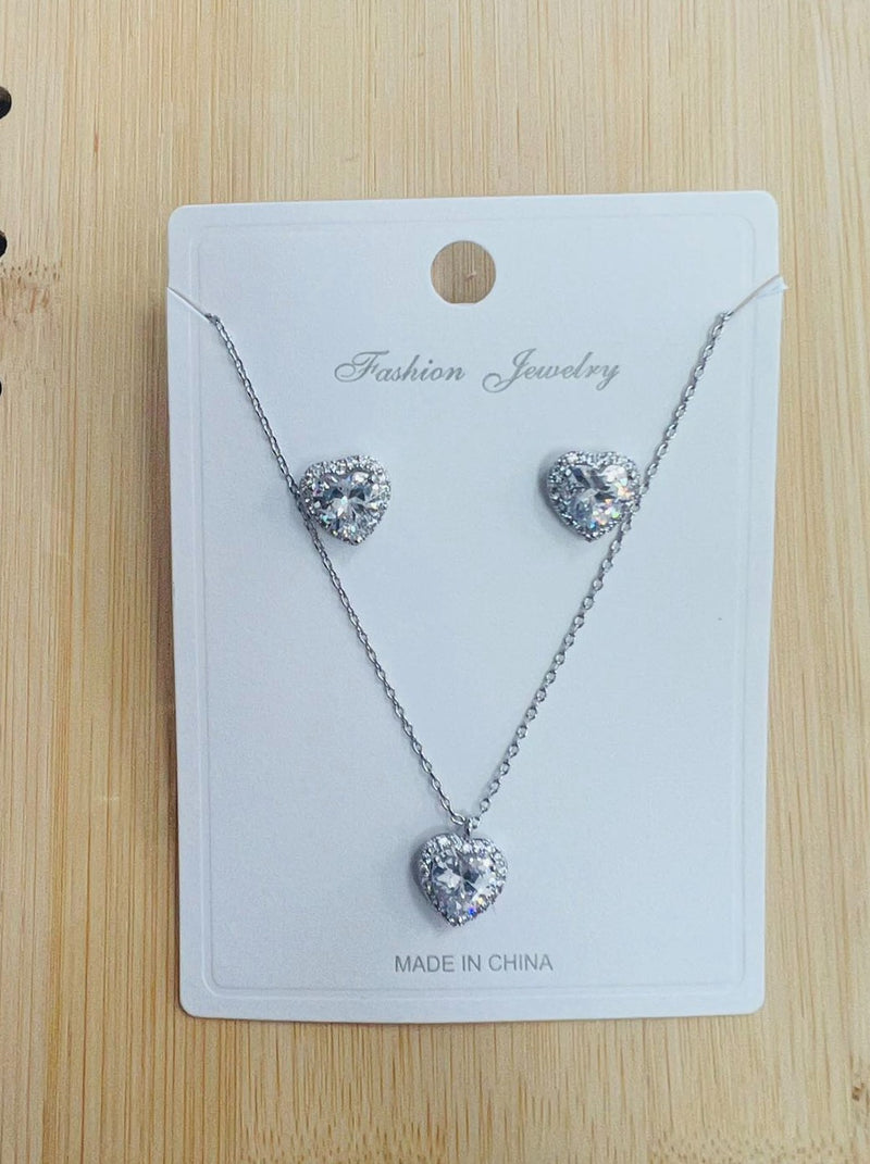 "Heart"C.Z Rhodium Plated Crystal Earring and necklace sets