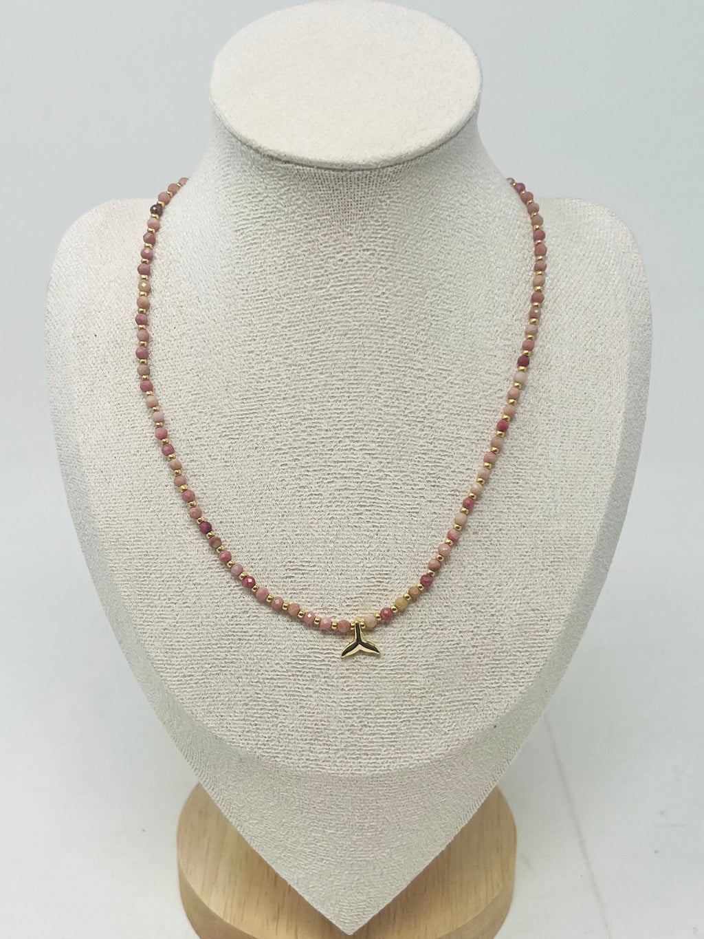 Semi-precious stone Beaded Necklace with Whale Tail Pendant(Rhodochrosite)