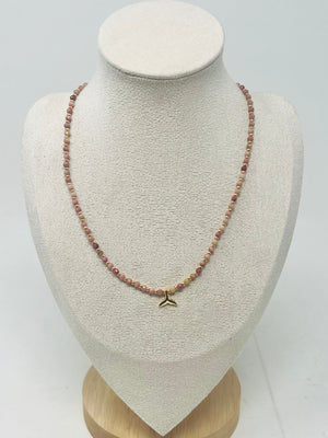 Semi-precious stone Beaded Necklace with Whale Tail Pendant(Rhodochrosite)
