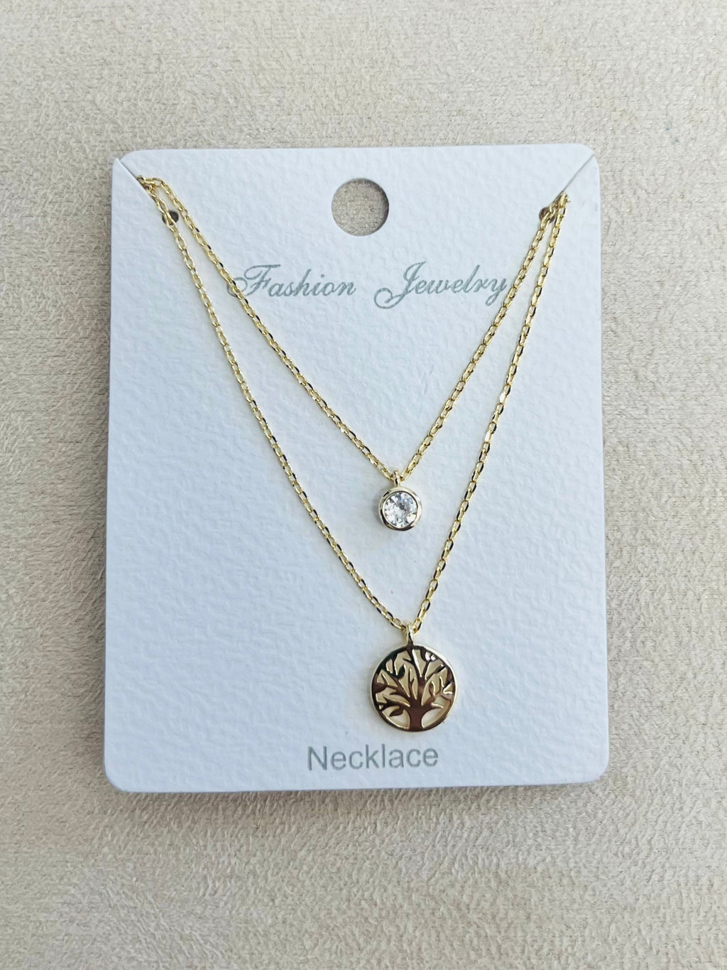 Double Layer Tree of Life C.Z Rhodium Plated Pendant Necklace
