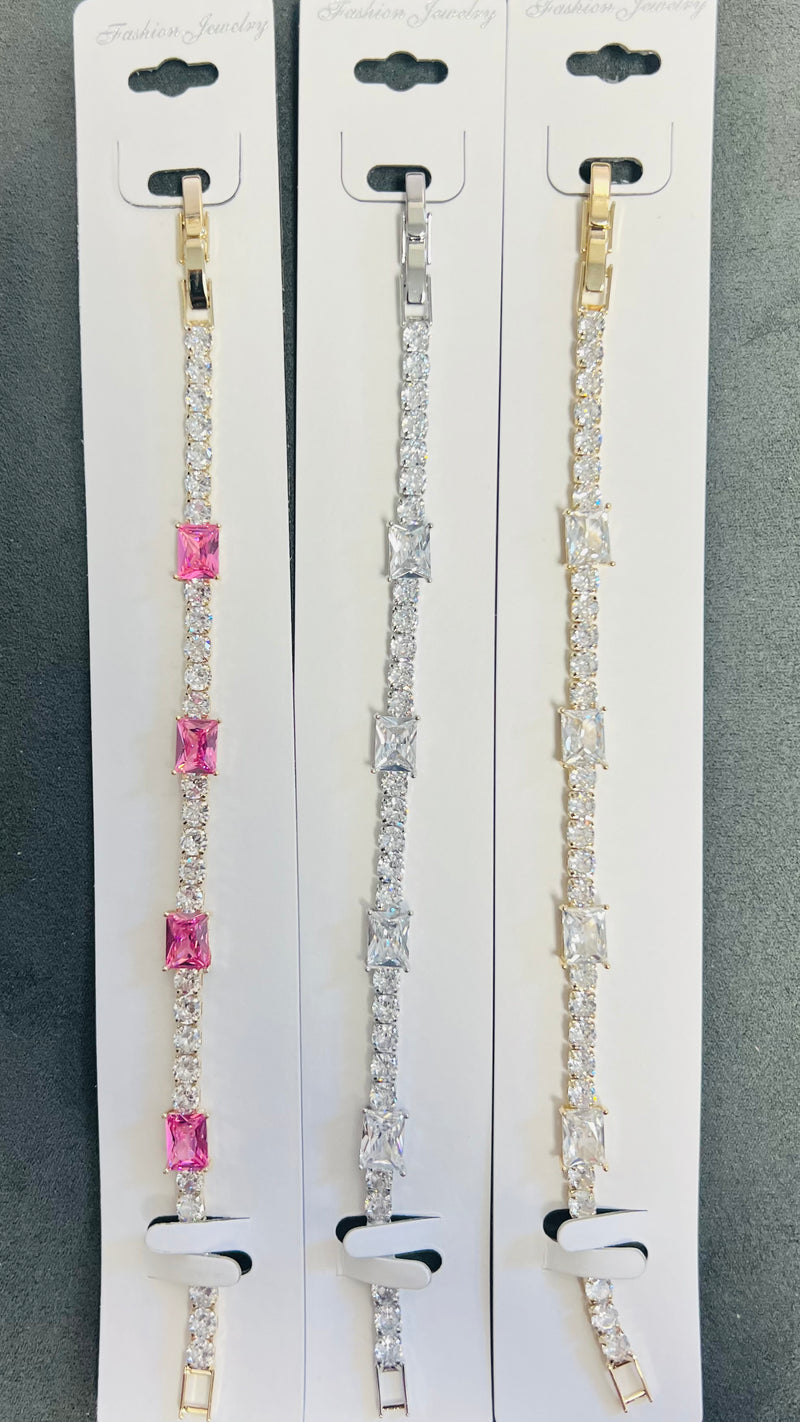 C.Z Crystal Tennis Bracelets with Center Gemstone-Adjustable Chain