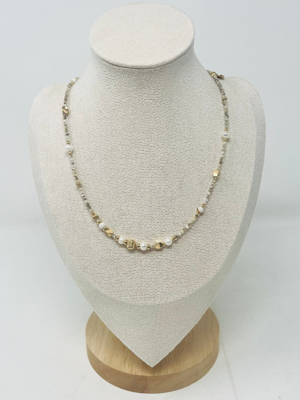 Miyuki Beads, Semi-Precious Stone & Pearl Beaded Necklace(light grey and white)