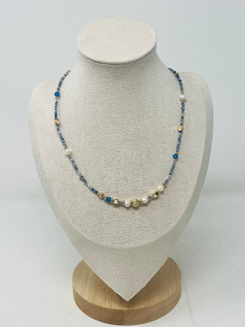 Miyuki Beads, Semi-Precious Stone & Pearl Beaded Necklace(Denim blue and deep ocean blue)