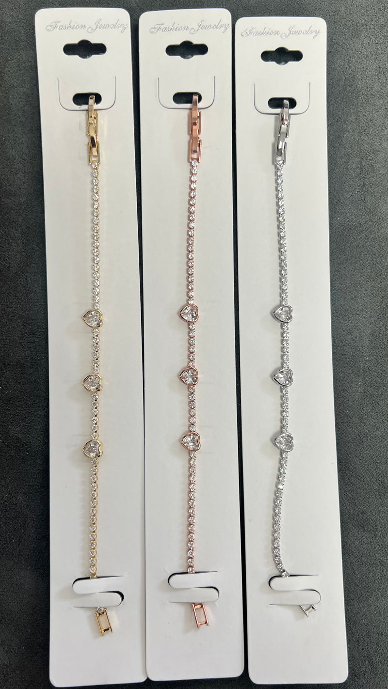Heart Charm C.Z Crystal Tennis Bracelets-Adjustable Chain