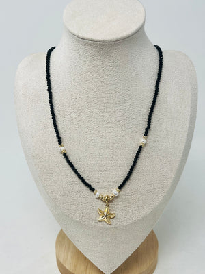 Beaded Necklace with Pearls & Gold Starfish Pendant(black)