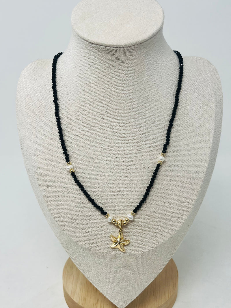 Beaded Necklace with Pearls & Gold Starfish Pendant(black)