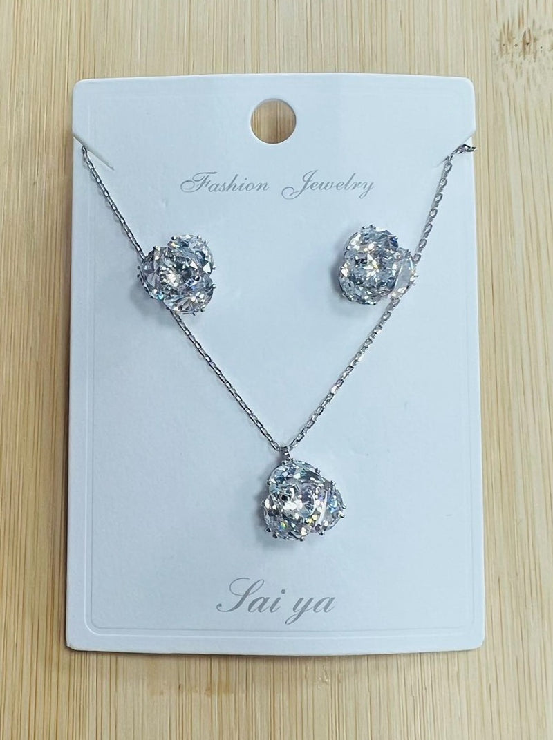 C.Z Rhodium Plated Crystal Earring and necklace sets