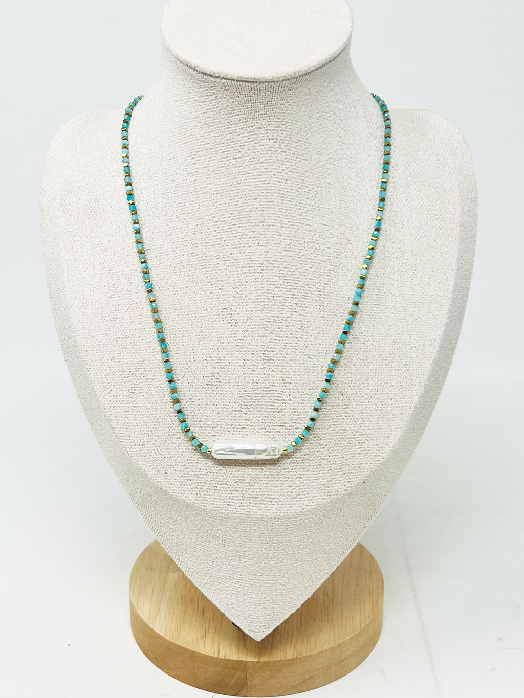 Semi-Precious Stone Necklace with Miyuki Beads & Baroque Pearl Accent(Light blue)